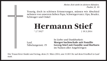 Traueranzeige von Hermann Stief von Pegnitz-Zeitung